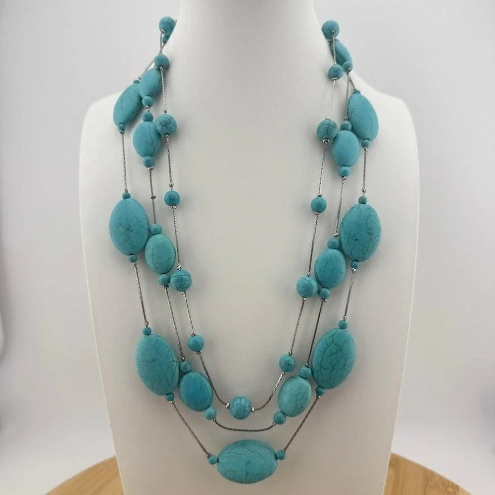 Boho Layered Necklace Howlite Stone Multi Strand Southwestern Design